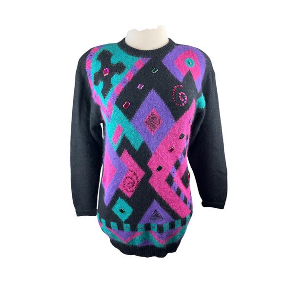 Vtg Retro I.B. Diffusion Artsy Embellished Jeweled Geometric Sweater Size Small - Picture 10 of 12